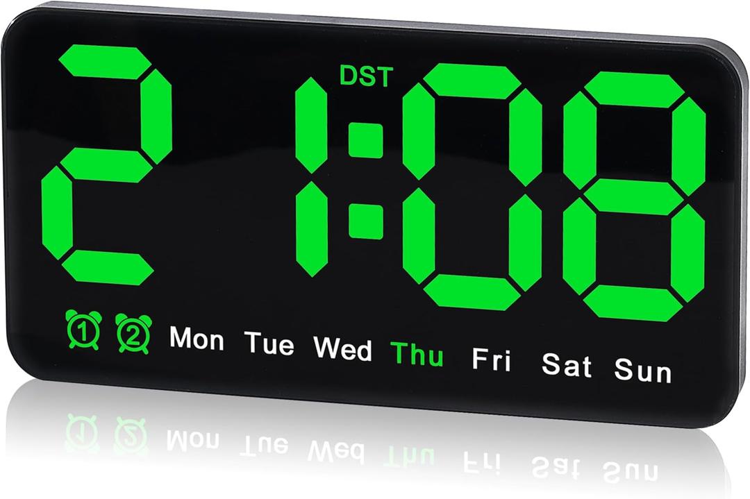Large Digital Wall Clock,9.5 Inch,Led Alarm Clock with Big Digits,DST,Dual Alarm,3-Level Brightness for Living Room Bedrooms Classroom Decor-Green