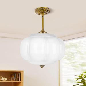 15in White Milk Glass Ceiling Light Fixture, LED Bulb Included, Vintage Semi Flush Mount Pendant Light Antique Brass Mid Century Art Deco Chandelier for Kitchen Dining Room Hallway Bedroom