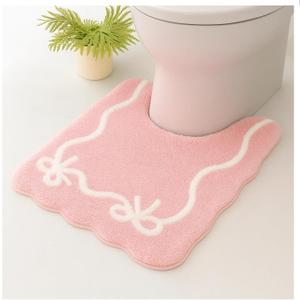 Toilet Rugs U Shaped Washable Non Slip Pink Bathroom Rugs with Bow Design, Cute Bath Mat for U Shaped Toilet, Soft Plush Bathroom Decor