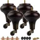 5 inch / 13cm Wooden Furniture Legs with Casters Wheels, Pack of 4 Classic Walnut Solid Wood Round DIY Replacement Bun Feet for DIY Project Sofa Couch Cabinet Ottoman Bed Riser