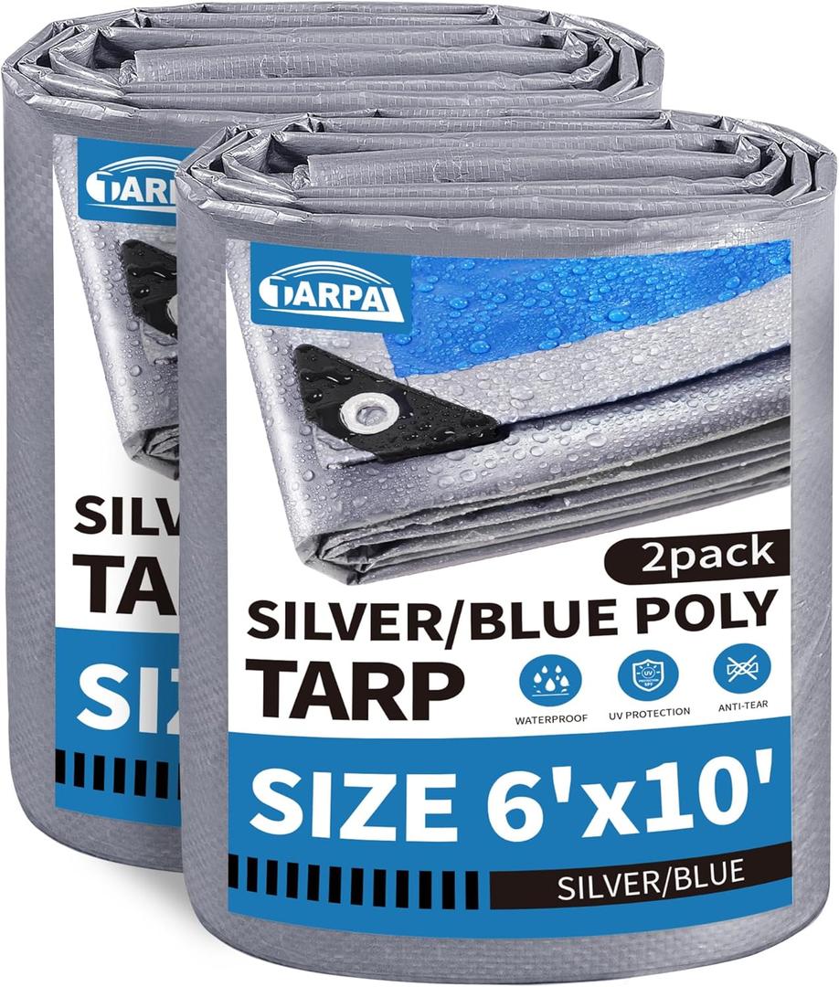TARPAL Tarp 6x10 Feet (2 Pack) Tarp Waterproof Small tarp 7.5mil Waterproof tarps for Outdoors,UV Protection,Rip and Tear Proof,Poly Tarpaulin(Silver/Blue)