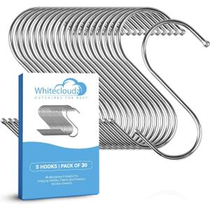 WHITECLOUDZ 30-Pack Silver S Hooks for Hanging Plants, Stainless Steel S hooks for hanging heavy-duty, Closet Hooks for Hanging Clothes, Durable kitchen hooks for hanging Utensils, Pots, Clothes & Bag