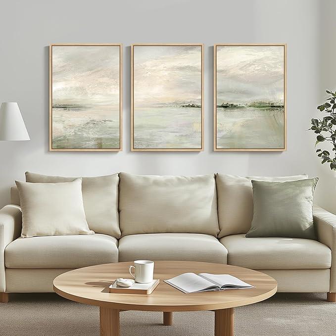 Framed Green Abstract Wall Art for Living Room, 3 Piece Modern Landscape Canvas Prints Paintings Artwork for Walls, Wabi-Sabi Green Paintings for Hallway, Bedroom, Office Wall Decor, 16x24 Inch