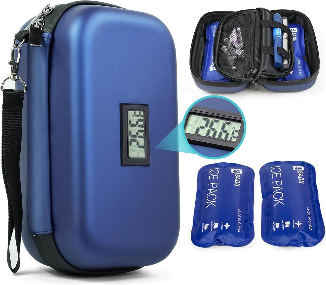 Insulin Cooler Travel Case TSA Approved Medication Diabetic Cooler for Travel with Temperature Display Refrigerated Medicine Organizer Bag with 2 Ice Pack (Blue)