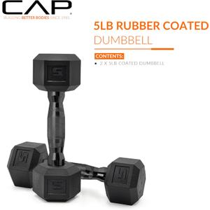 CAP Rubber Coated Dumbbell Weights, Free Weights for Home Gym Strength Training, Anti-Roll Hex Dumbbells with Black, Chrome & Comfort Grip Handles, Pairs & Sets, Size: 5 lb, Pair