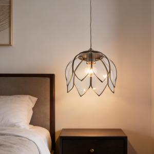 Brass Glass Ceiling Tiffany Pendant Light, Hanging Chain lamp, with Vintage Lotus Flower Glass Shade for Kitchen Island Dining Room Bedroom Living Room-9.25" Clear Shade