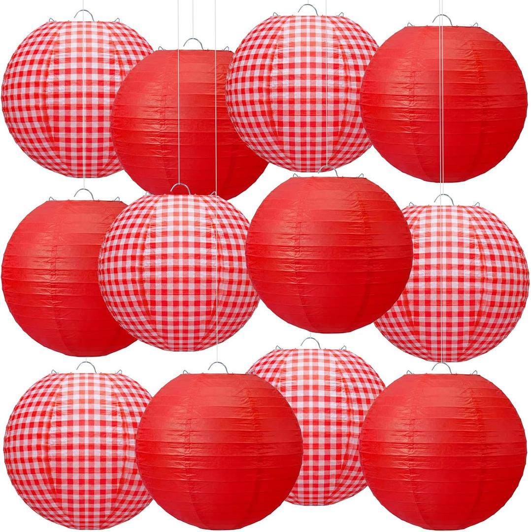 Honoson 12 Pcs Red Gingham Paper Lanterns Picnic Party Decoration 10 Inch Checkered Plaid Round Hanging Chinese Lanterns for Pizza Birthday Picnic BBQ Wedding Baby Showers Decoration