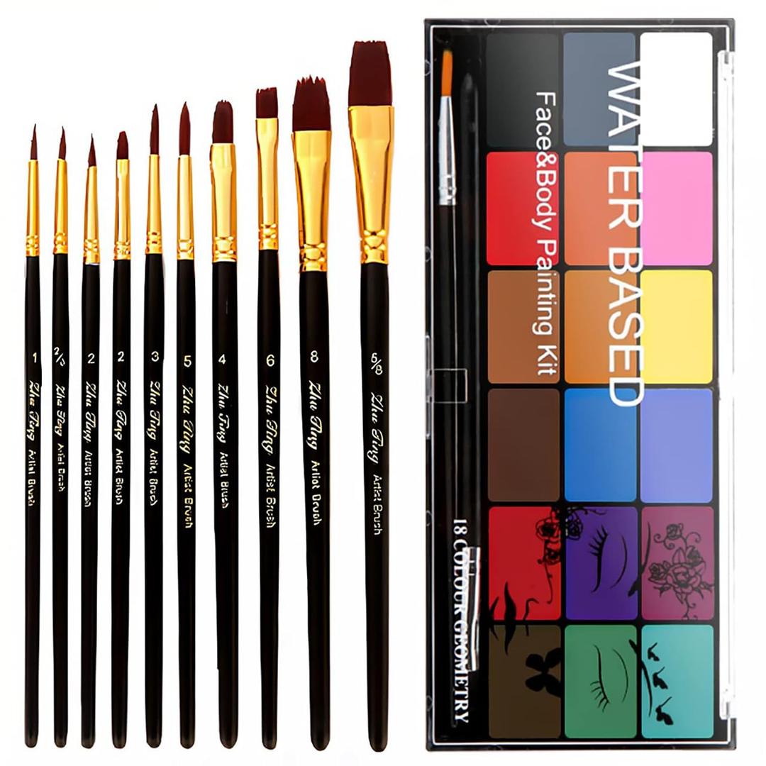 Face Painting Kit Non-toxic Body Paint Washable 18 Colors Facepaint Makeup Kit for Adults with 10 Face Paint Brushes for Halloween Party Cosplay Makeup (Color 001)