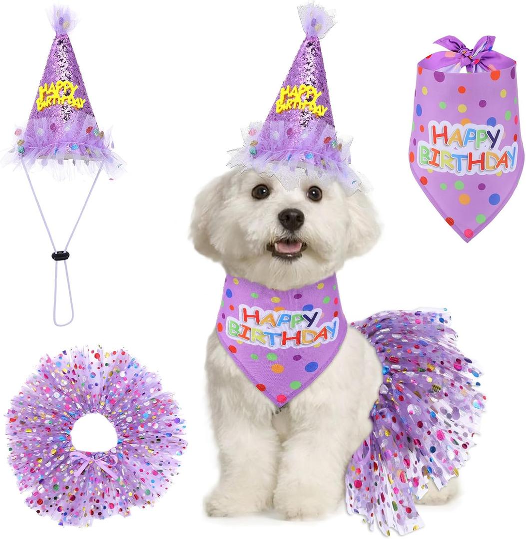 Dog Birthday Bandana with Hat and Dress Girl Set Puppy Birthday Party Supplies Cute Tutu Skirt Outfit for Small Medium Large Dogs Decorations(Purple)
