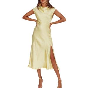 Women's Summer Satin Elegance Backless Twist Cap Sleeves Midi Dress 2026 Sexy Cowl Neck Slit Cocktail Wedding Guest Dresses