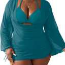 WODECASA Women's Plus Size 3 Piece Swimsuits Halter Triangle Bikini Set with Drawstring Semi Sheer Cover Up Bathing Suit 3XL