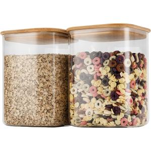122oz Airtight Glass Square Storage Canister with Bamboo Lid Set of 2(3600ml*2) Large Storage Container Gallon Glass Jars, for Sugar, Flour, and Coffee bean (with Black Lable)
