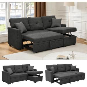 Sectional Sleeper Sofa with Pull Out Bed, L Shape Convertible Linen Couch with Storage Chaise, 2 in 1 Pull Out Sofa Bed with 2 Seats, for Living Room, Apartment, Charcoal Black