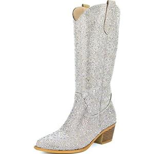 SOVANYOU Women's Rhinestone Cowboy Boots Pointed Almond Toe Block Heel Sparkly Cowgirl Boots, Size 7