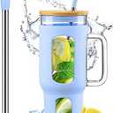 WINSA Glass Tumbler with Lid and Straw, 46 oz Iced Coffee Cup with Handle, Large Water Bottles with Silicone Sleeve, Glass Cup with Straws - Pearl Straw & Drinking Straw BPA Free-Glacier