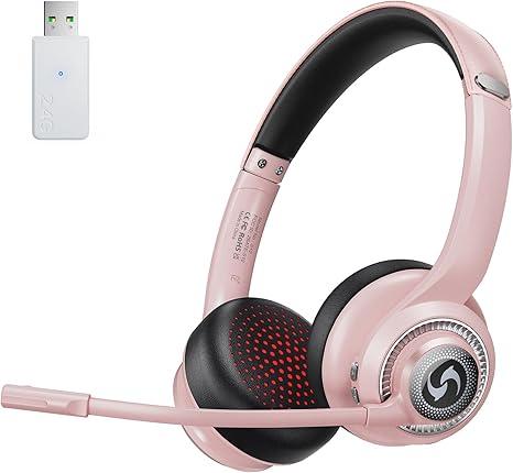Surpixo Wireless Headsets with Microphone, Ultra Lightweight& 50+ Playtime, Wireless Headset for Cell Phones, On Ear Bluetooth Headphone Fit for PC/Call Center/Computer/Laptop/Teams  Light Pink