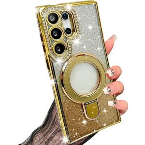 Samsung Galaxy S25 Magnetic Glitter Case [Compatible with MagSafe] Women Girls Bling Rhinestone Case with Stand Luxury Diamond Camera Lens Protection Shockproof Case for Galaxy S25, Gold