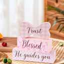 Pink Bow Wooden Tabletop Decor, Trust Blessed He Guides You Block Sign, Farmhouse Rustic Centerpiece for Table Shelf, Easter Christian Faith Home Decoration, Inspirational Gift for Women