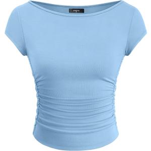 ZESICA Women's Summer Boat Neck Short Sleeve T Shirts 2026 Spring Slim Fit Y2k Going Out Crop Tops Basic Trendy Outfits, Blue, M (Blue, M)