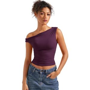 SUUKSESS Women Off Shoulder Tops Sleeveless Shirts Y2K Going Out Crop Tank Top (Large, Violet)