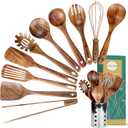 Kitchen Utenails Set with Holder, Kitchen Wooden Utensils for Cooking, Wood Utensil Natural Teak Wood Spoons for Cooking, Wooden Kitchen Utensil Set With Spatula and Ladle (11)
