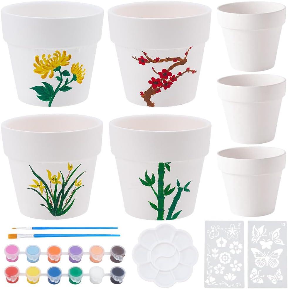 WEBEEDY 4 Sets DIY Ceramic Succulent Pots Paint Kit for Adults Beginner DIY Paintable Ceramics Pots with Butterfly Flower Stencils, Paints, Brushes, Palettes Paint Your Own Pots for Home Decor