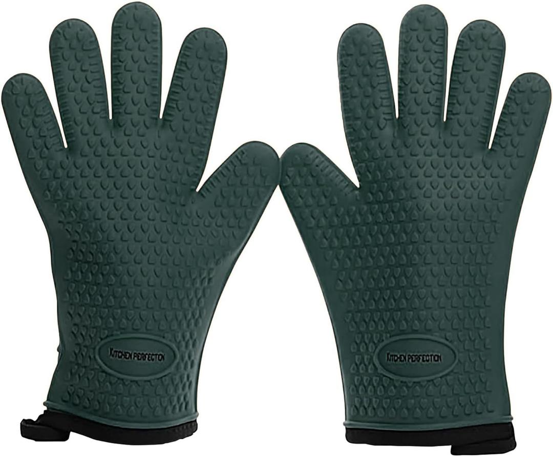 KITCHEN PERFECTION XL Silicone Smoker Oven Gloves-Extreme Heat Resistant BBQ Gloves-Handle Hot Food Right on Your Grill Fryer&Pit|Waterproof Grilling Cooking Baking Mitts|Superior Value Set+3 Bonuses (Dark Green)