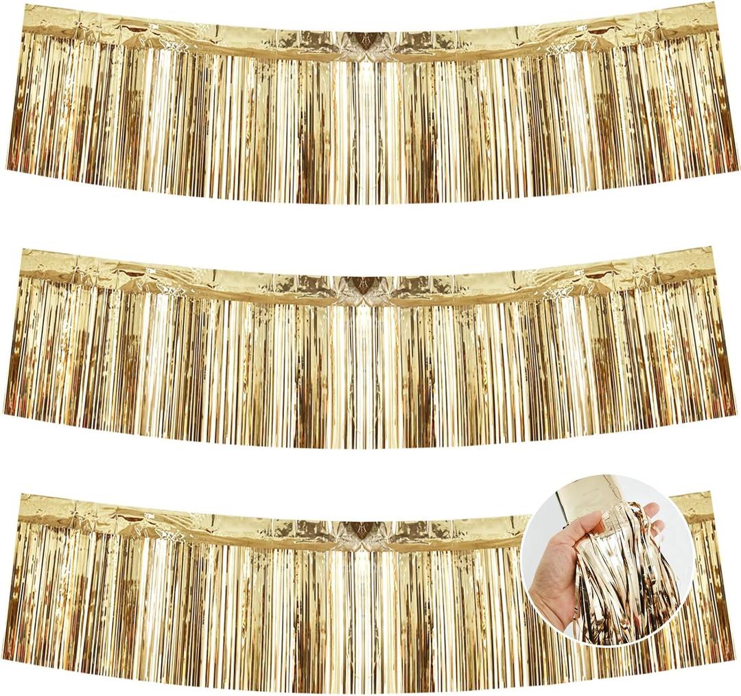 BEISHIDA 3 Packs Metallic Foil Fringe Garland Champagne Wall Hanging Tinsel Fringe Banners for Car Floats Halloween Bridal Shower Wedding Birthday Easter Graduation Holiday Party Decoration(30Ft)