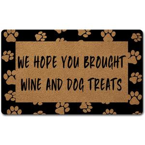 Welcome Door Mats for Home Decor (18 x 30 inch) Funny Mats Gift mats with Anti-Slip Rubber Back Kitchen Rugs Personalized Doormat for Entrance Way (We Hope You Brought Wine and Dog Treats)