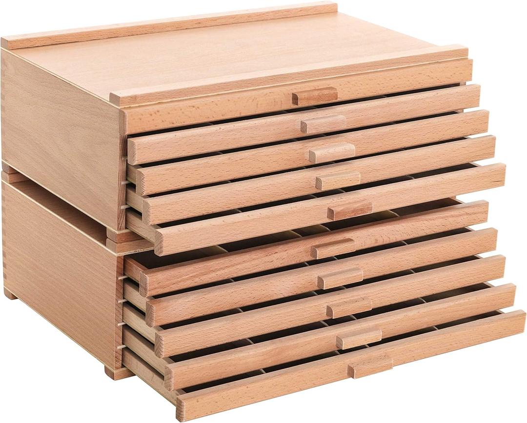 U.S. Art Supply Mega 10-Drawer Stackable Artist Wood Pastel, Pen, Marker Storage Box - Elm Hardwood Construction, 5 Compartments per Drawer - Ideal for Pastels, Pens, Pencils, Charcoal, Blending Tools