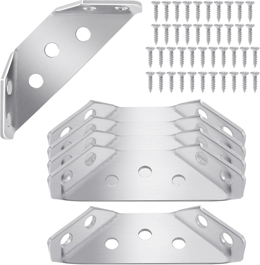 3 x Quacc 6 PCS Stainless Steel Furniture Corner Connectors, Corner Braces with Screws, Trapeziform Angle Brackets for Chairs Drawers, Cabinets, Tables (Silver)