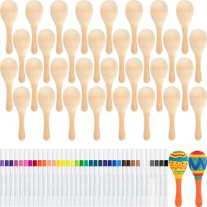 NEBURORA 6Pcs DIY Mini Unfinished Wooden Maracas with 6Pcs Multicolor Pens Fiesta Mexican Maracas Favors Cinco De Mayo Party Supplies Decorations