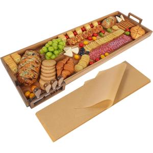 Large Charcuterie Board with Cheese Knife Set, 36 x 12 Inch Acacia Wood Large Serving Tray with Handles, Long Wooden Serving Board with 30Pcs Wax Paper, 3ft Extra Long Cheese Board
