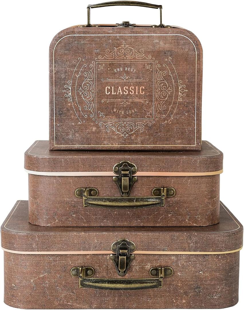 Paperboard Suitcases Set of 3 Decorative Storage Boxes With Lids,Keepsake Decor box,Photo Box,Card Box,Small Vintage Suitcases Home Decoration (Brown)