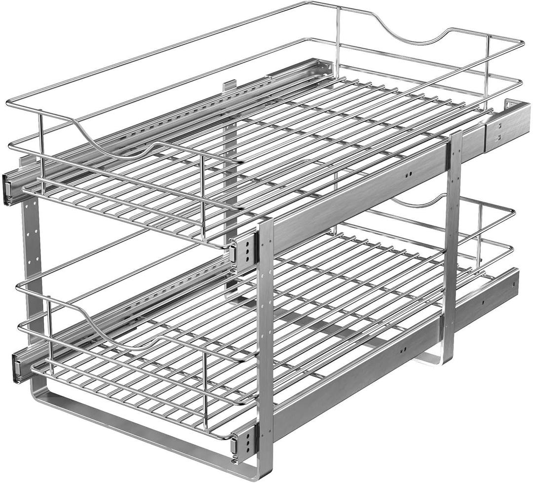 Pull Out Cabinet Organizer,(17"W x 22" D) 2 Tier Soft Close Slide Out Drawer For Kitchen Base Cabinet, Individual Pull Out Shelf, Roll Out Pantry Organization, 22 Inch Deep