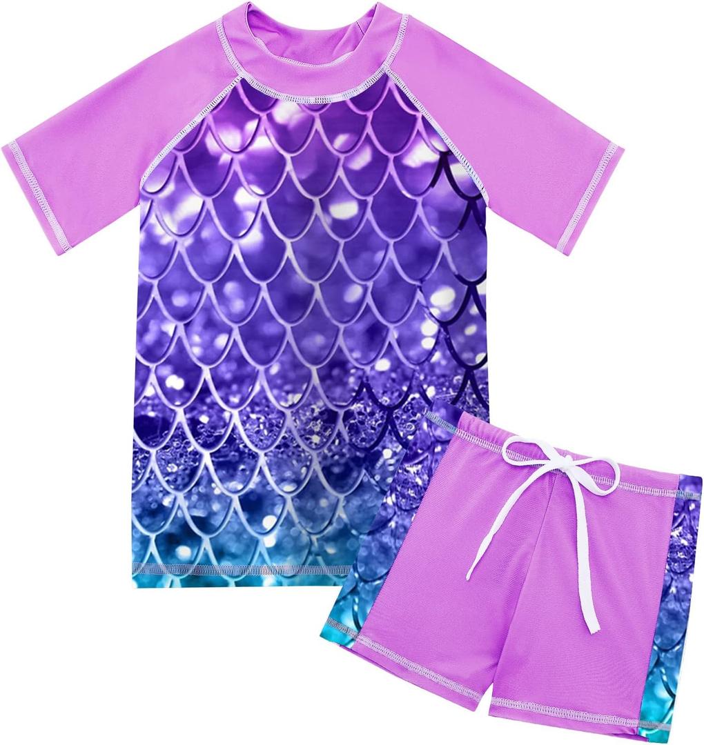 Lovekider Girls Swimsuits Two Piece Rash Guard Set Short Sleeve Bathing Suit Liner Swimwear with Sun Protection 3-12T (9-10 Years, A Mermaid Navy Purple)