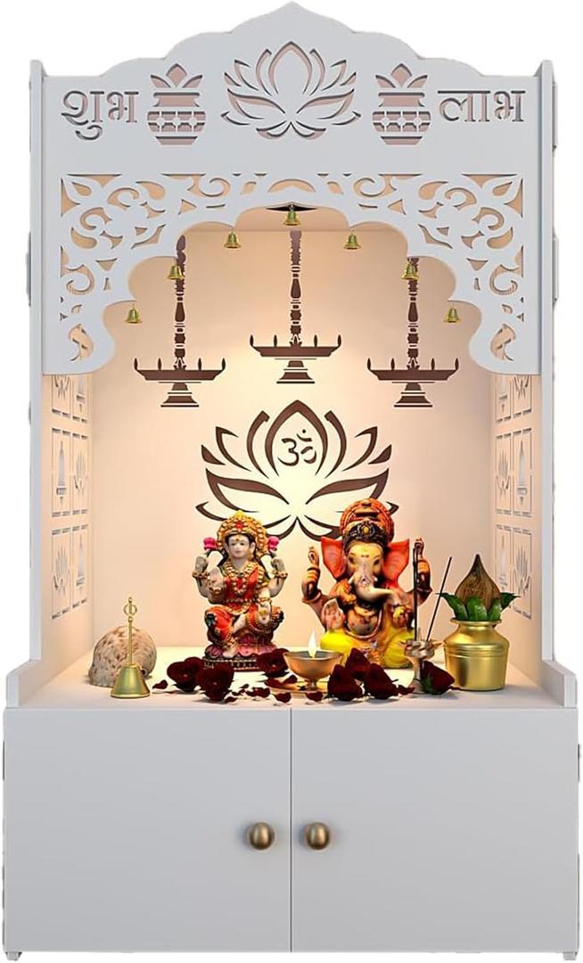 Lotus Pattern Wooden Pooja Mandir for Home with Spacious Shelf inbuilt Focus Light - White Finish - 38 Inches - Temple for Home