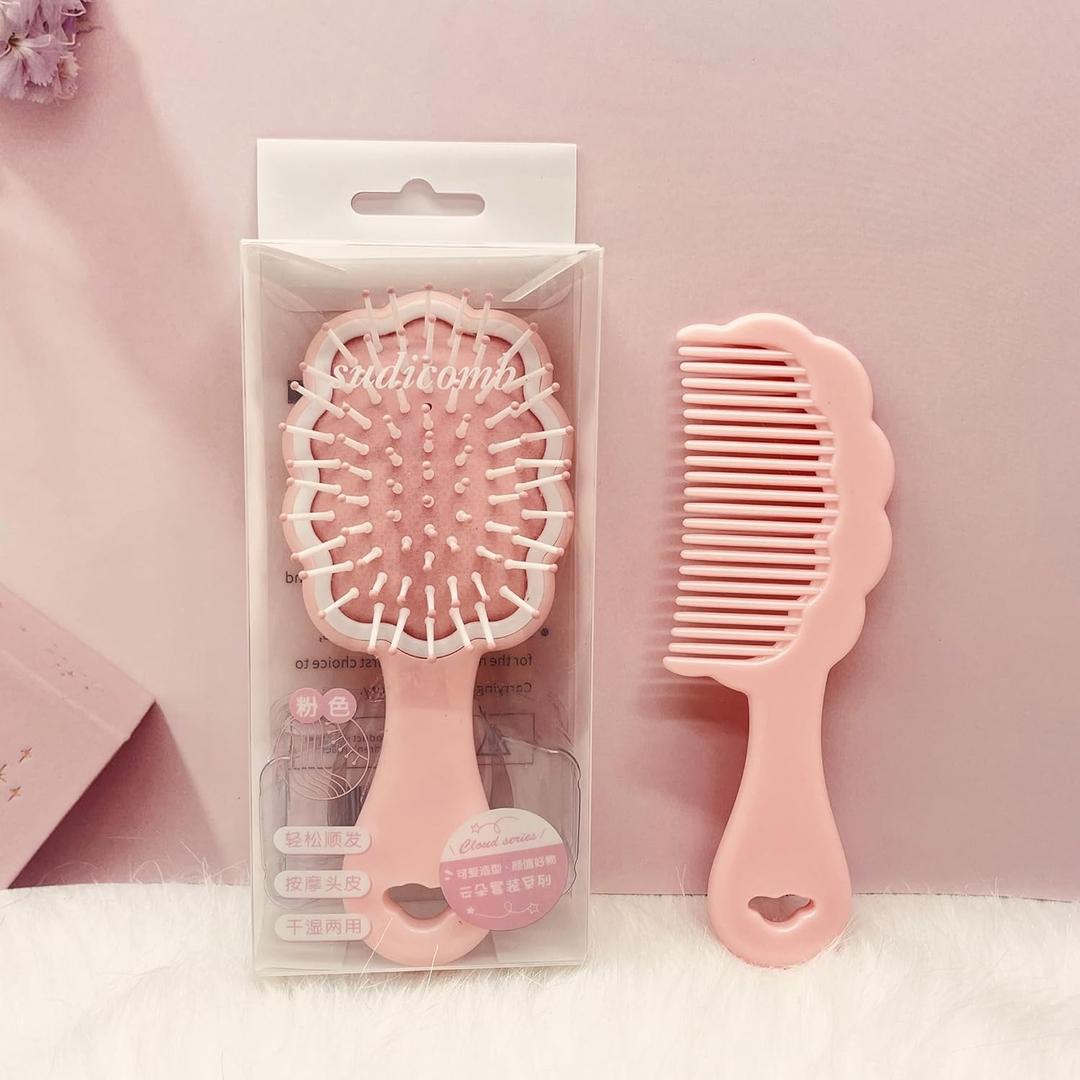 Mini Wet Hair Brush,Small Cute Hair Comb 2 Piece Cloud shaped Hair Brush Combs Set For Women Girls Kids,Travel Shower Detangling Comb Massage HairBrush with Air Cushion for Dry,Wet Hair (Pink)