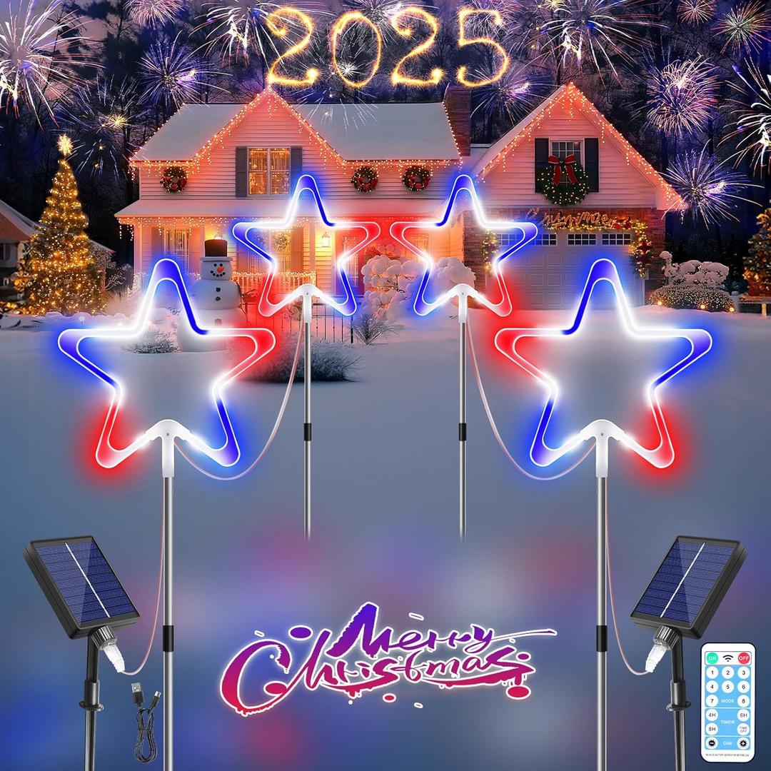 HELESIN Christmas Solar Garden Star Lights, 4 Pack Neon Star Pathway Lights with Timer & Remote for Thanksgiving Day Wedding Party Patio