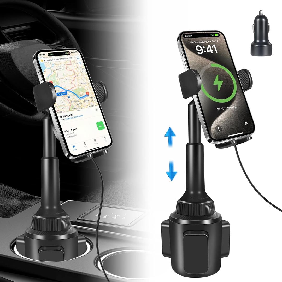 Upgraded Wireless Car Charger, Cup Holder Phone Mount with 15W Fast Charging Phone Holder Adjustable Long Arm Height, Compatible with iPhone 16 15 14 13 Samsung LG and More (with Car Adapter)