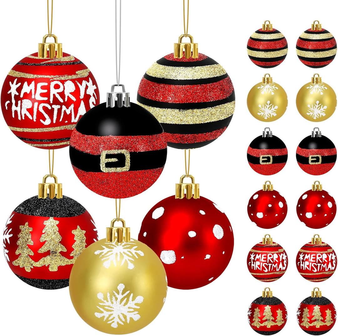 FYSUIMU 24Pcs Christmas Ball Ornaments Red Gold Black Glitter Dot Stripe Snowflake Xmas Tree Hanging Decorations for Home Party Supplies, 2.4 Inch
