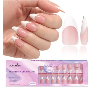Canvalite French Tip Press on Nails Gel Nail Tips - 300Pcs Pre-Colored Quick and Easy Press on Nails Almond Fake Nails with Designs DIY Nail Extensions Valentines Day Gifts for Her, Pink-M-Almond-White
