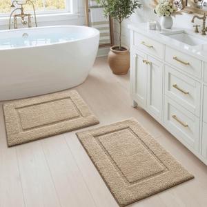 DEXI Bathroom Rugs Set 2 Piece 32x20, Washable Non Slip Bath Mat for Shower Floor, Absorbent Quick Dry Bathmat with Rubber Backing, Ultra Soft Plush Carpet for Tub, Beige