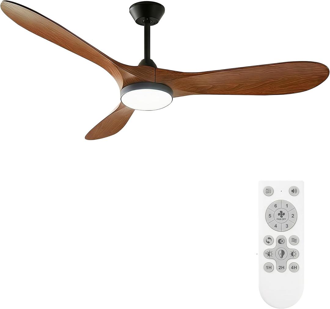 52 inch Ceiling Fans with Lights, 6 Speeds Noiseless DC Reversible Ceiling Fans with Lights & Remote, 1/2/4H Timer, 3CCT Dimmable Modern Ceiling Fans for Living Room, Bedroom (Walnut Wood)
