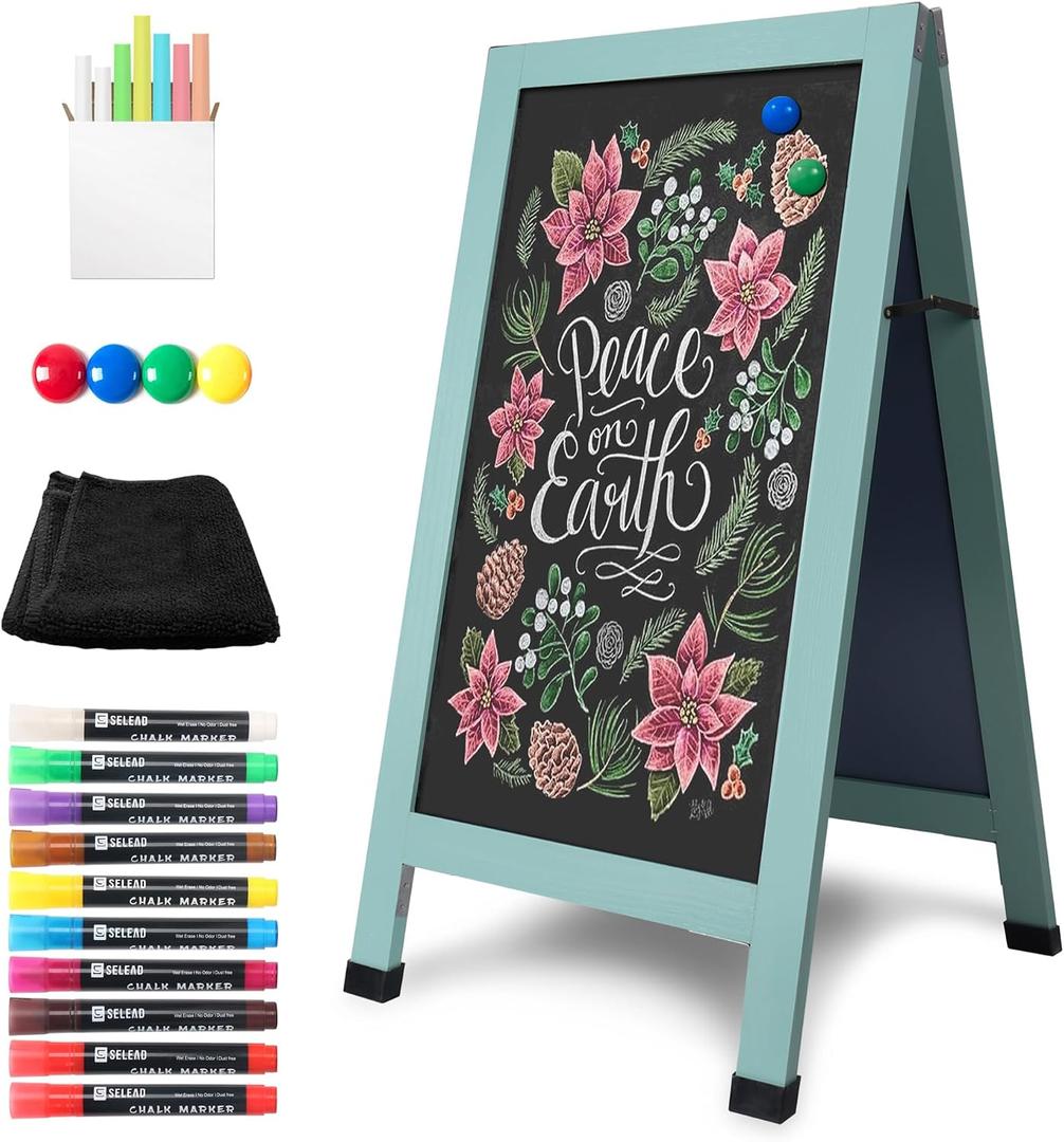 SELEAD Solid Wood A-Frame Chalkboard - 40" x 20" Magnetic Sandwich Board Signs Outdoor Standing Chalk Board Easel Sidewalk Pizarra for Business, Wedding, Garden - Green