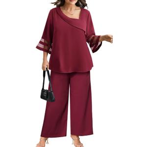 AOVDE Plus Size Pant Suits 2 Piece Casual Dressy Pantsuits Mesh Panel Bell Sleeve Outfits for Women Evening Dinner Party (Red)