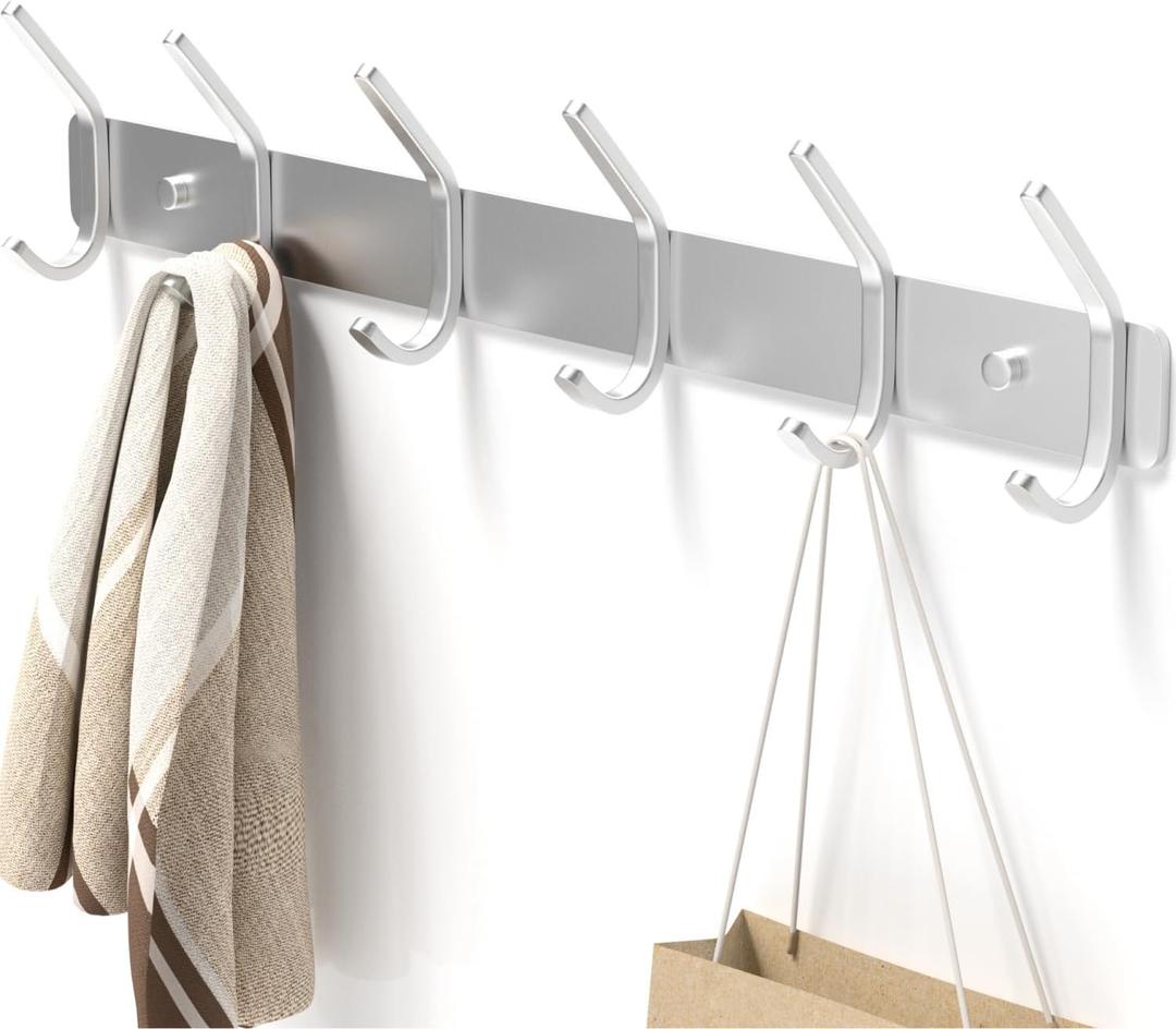 Coat Rack Wall Mount Hooks - 15 Inch Silver Metal 6-Hook Organizer, Grainy Sparkle Finish Wall Mounted, Modern Kids Room, Entryway & Bathroom Hanger for Beach Towels, Coats, Purses, Bags (1 Pack)