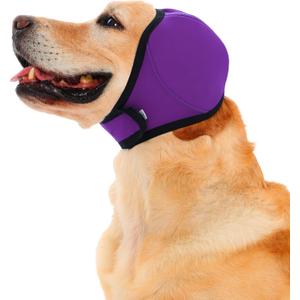Meifsou Dog Head Wrap - Quiet Ears for Anxiety, Waterproof Dog Calming Hood, No Shake Ear Cover Snoods for Thunder, Lightning, Fireworks, Vet Visits, Polyester and SBR Diving Fabric, Purple, Small