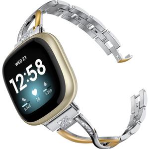 Wearlizer Metal Band Compatible with Fitbit Versa 4/Versa 3/Sense/Sense 2 Bands for Women, Dressy Stainless Steel Bling Rhinestone Link Bracelet Wristband Replacement Strap (Soft Gold/Silver)