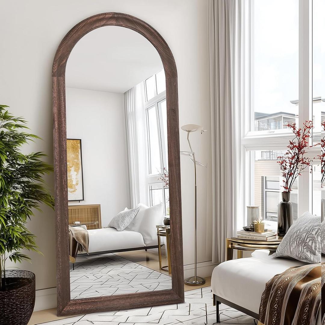 Arched Full Length Mirror 71"x32" - Rustic Brown Solid Wood Wall Mirror, Oversized Leaning or Mounted Design for Bedroom, Entryway, Living Room Dcor